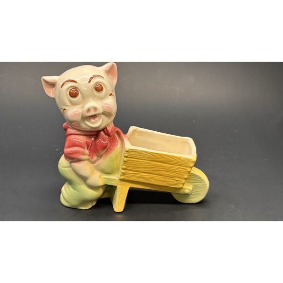 Vintage 1950s Shawnee Pottery Pig Planter, "Smiley Porky Pig" w/Wheelbarrow - Picture 15 of 15